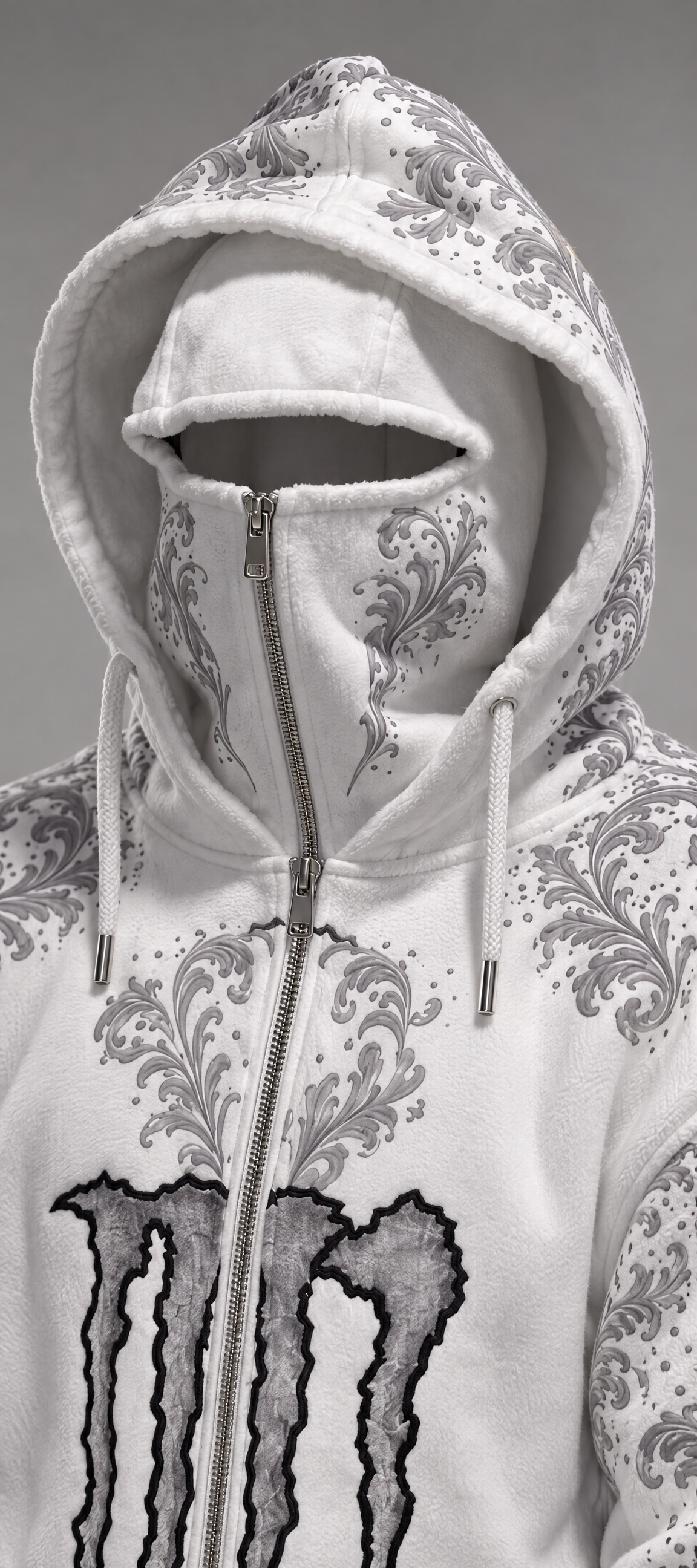 Close-up of the white fleece and full-length zip